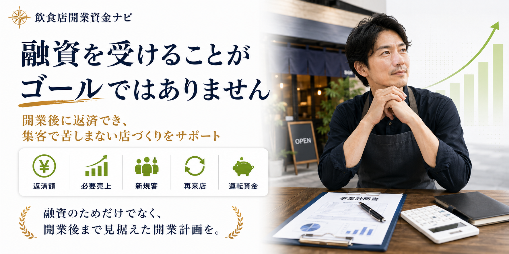 融資を受けることがゴールではありません 開業後も返済を続けながら、集客で苦しまない店をつくるための開業計画を考えることが大切です。