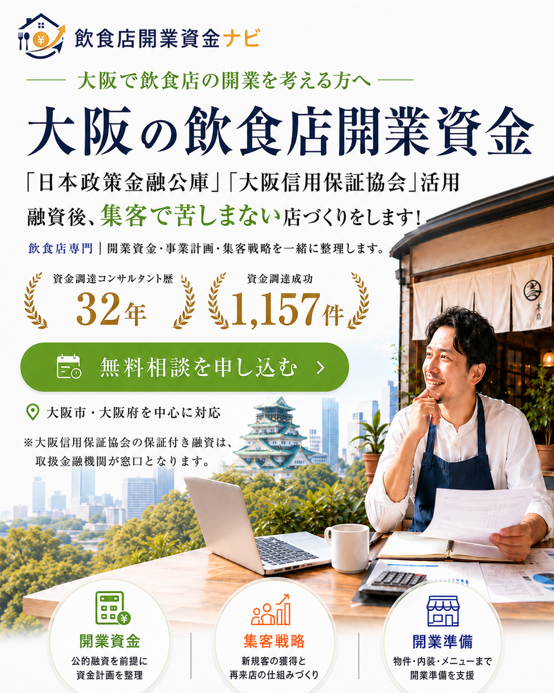 大阪の飲食店開業資金｜飲食店開業資金ナビ [日本政策金融公庫][大阪信用保証協会]活用 融資後、集客で苦しまない店づくりをします！ 資金調達コンサルタント歴32年・資金調達成功1,157件